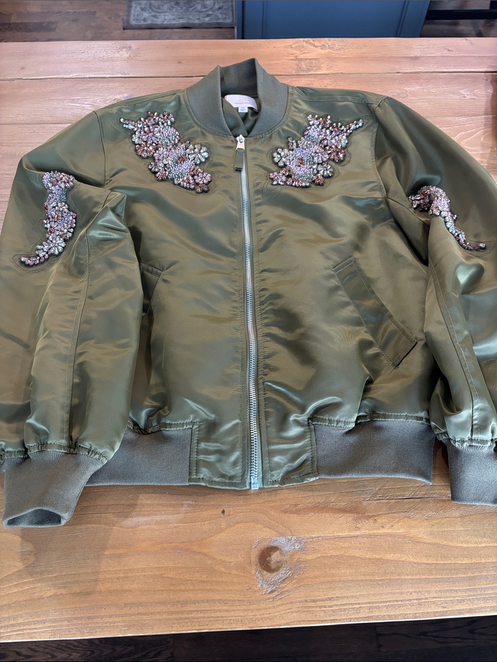cinq a sept Olive Satin Bomber Jacket with Beaded Floral Appliqué